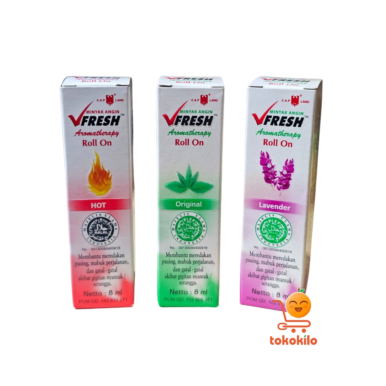 VFresh Minyak Angin Aromatherapy Roll On Hot (Merah) , Original (Hijau) , Lavender (Ungu) 8ml