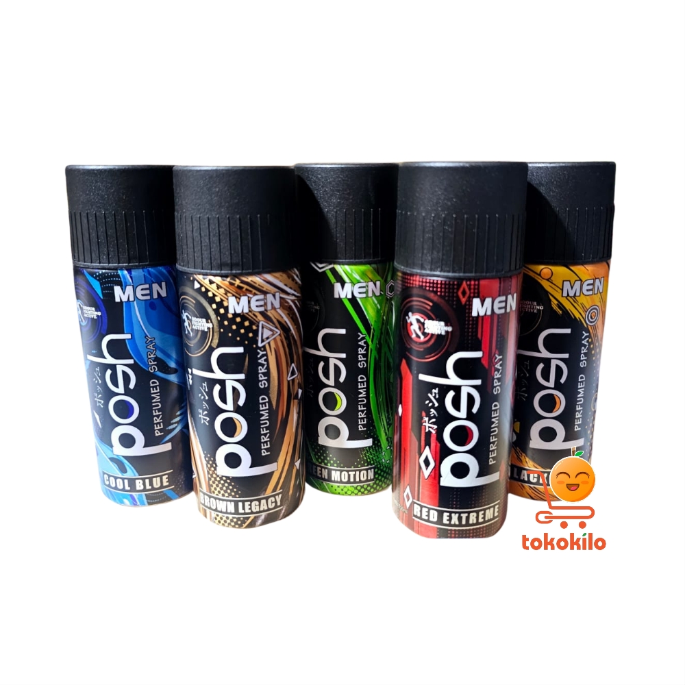 Posh Men Perfumed Body Spray Black Gold, Coklat Legacy, Cool Biru, Hijau Motion, MErah Extrame 150ml