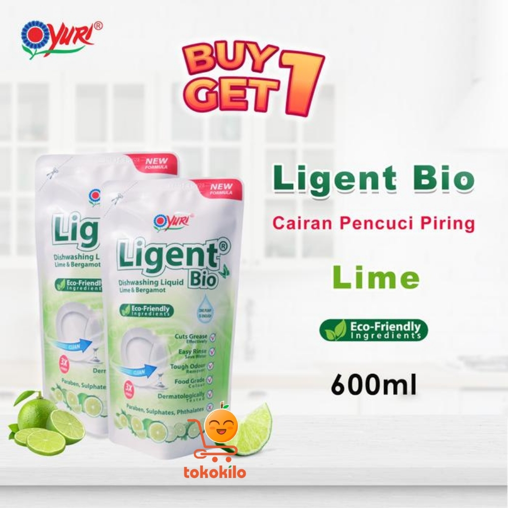 Sabun Pencuci Piring Yuri Ligent Bio Lime & Bergamot 600ml BANDED (Beli 1 GRATIS 1)
