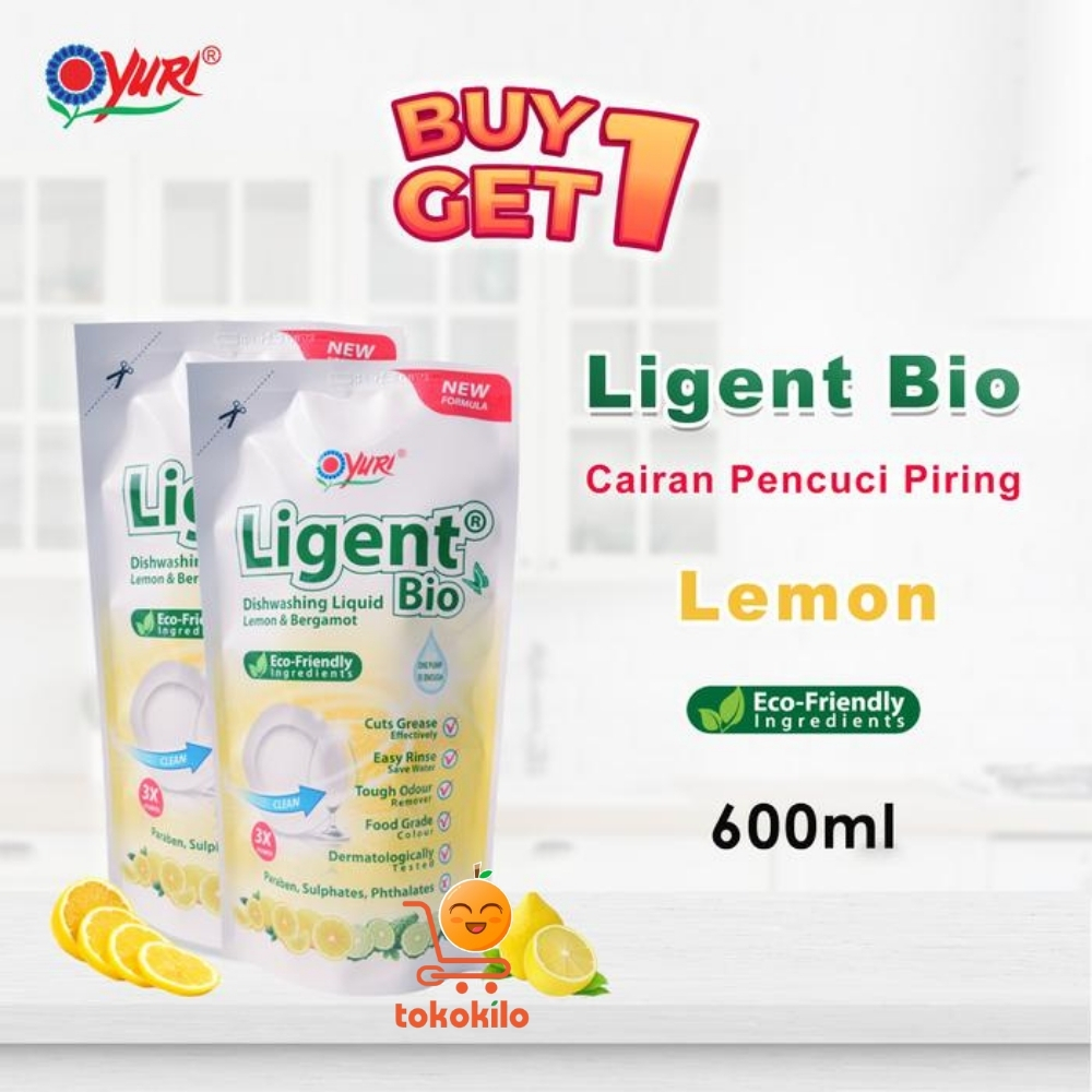Sabun Cuci Piring Yuri Ligent Bio Lemon & Bergamot 600ml BANDED (Beli 1 GRATIS 1)